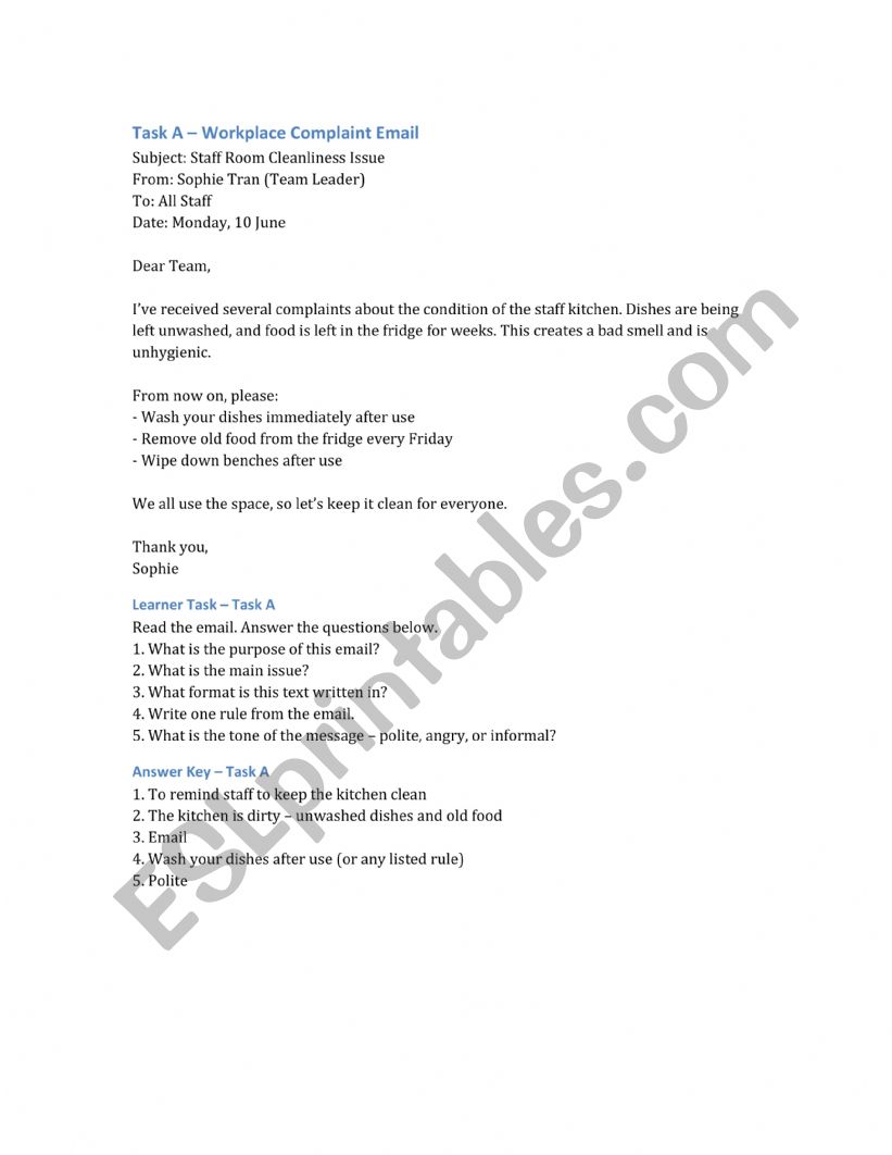 read short workplace text worksheet