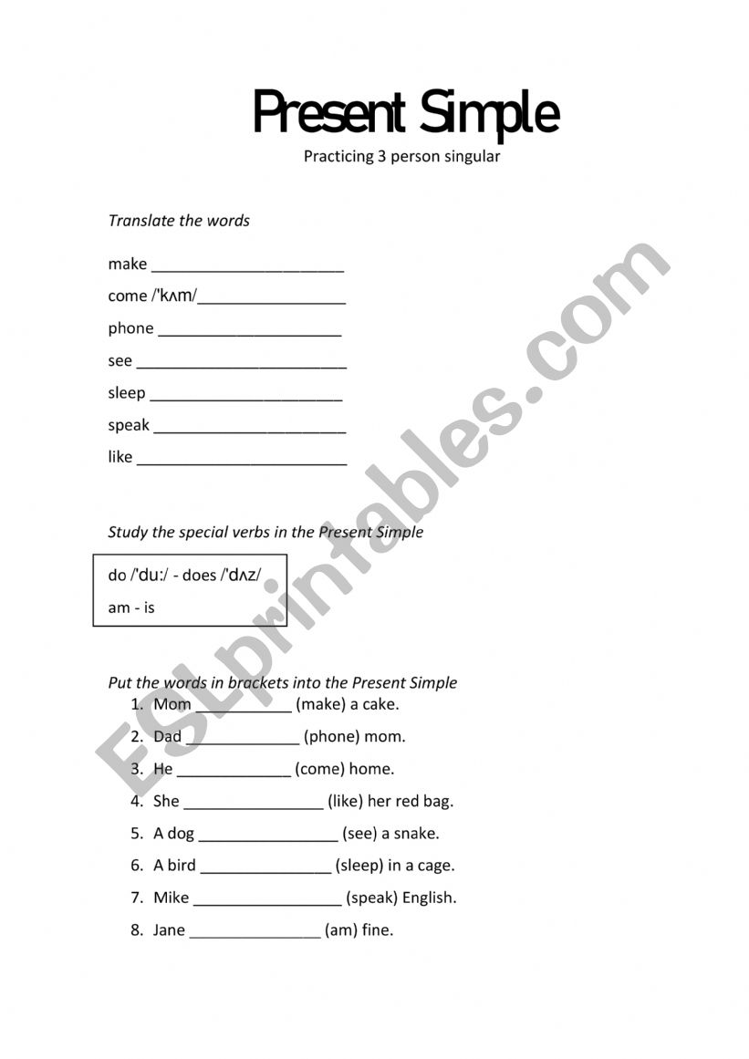 Present Simple 3 p sg worksheet