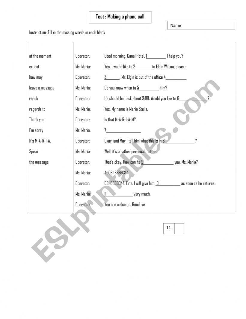 Test : Making a phone call worksheet
