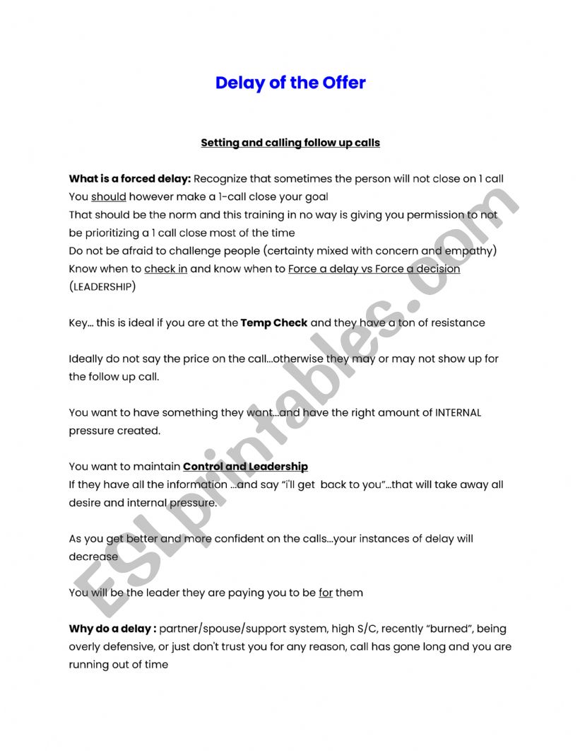 Delay the Offer-Eli Wilde worksheet