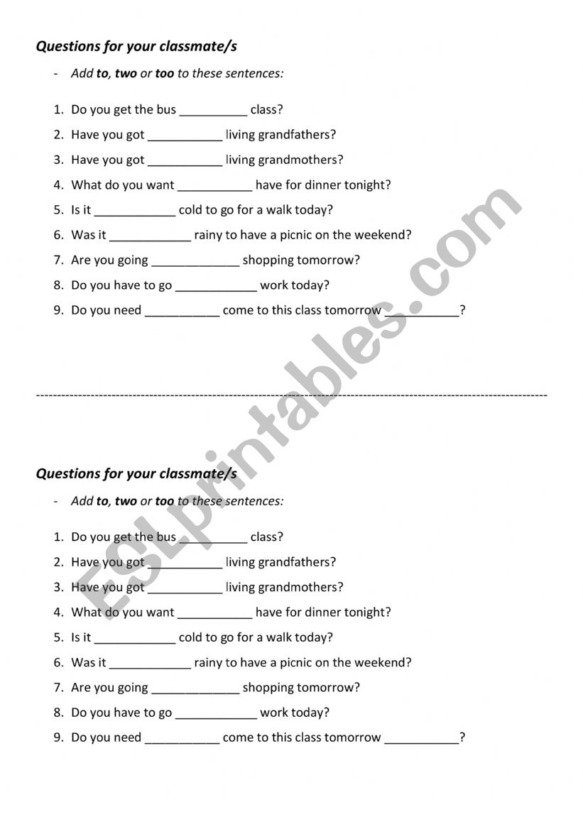 to too two worksheet
