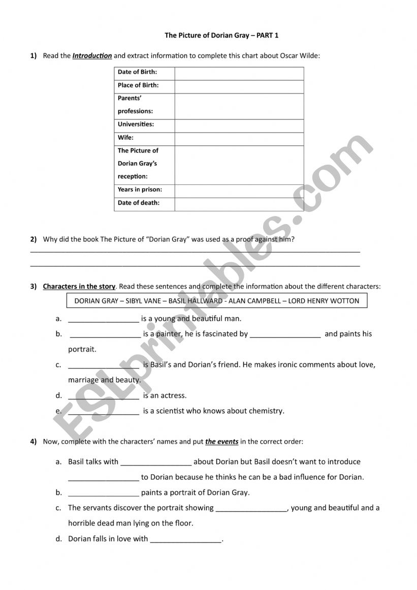 The Picture of Dorian Gray worksheet
