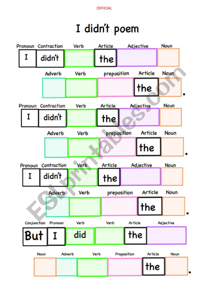 Writing tool - I didnt poem - parts of speech colour coded to scaffold independence
