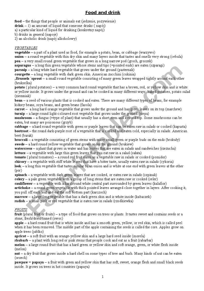 Food and drink worksheet