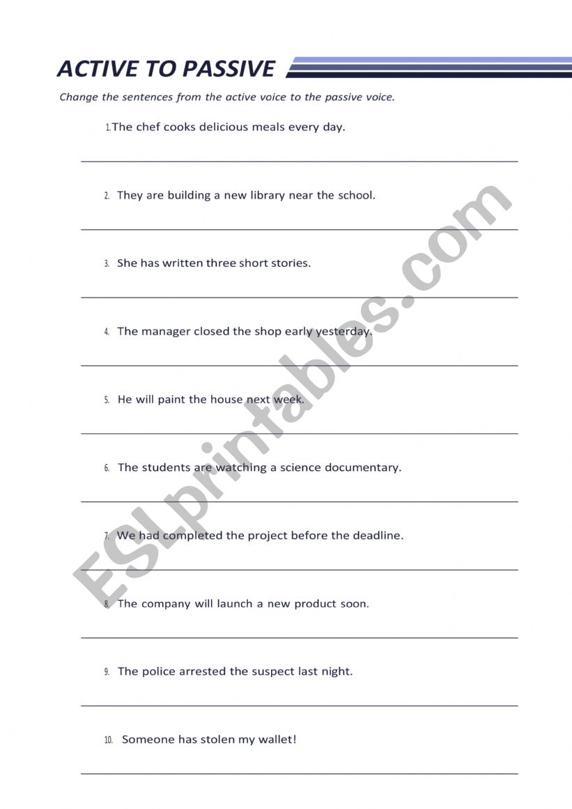 active to passive worksheet