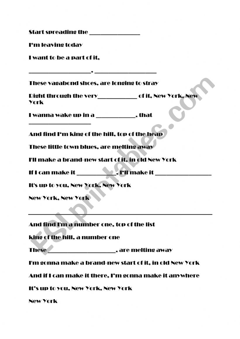 New York, New York worksheet
