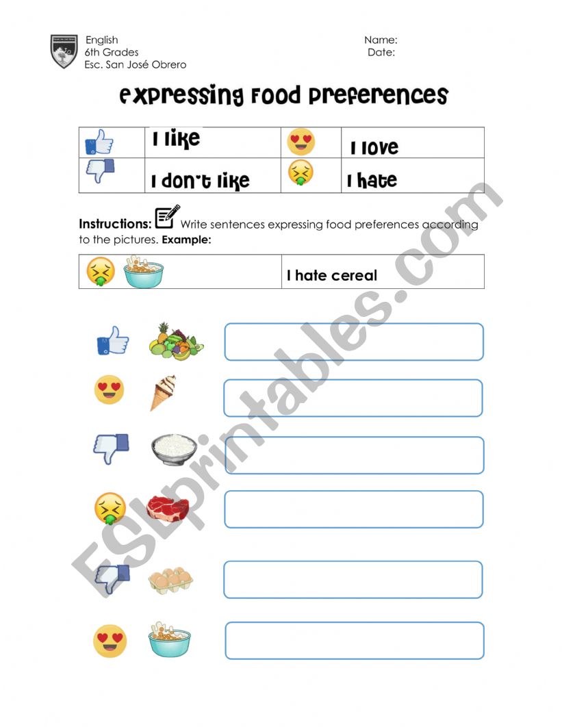 food preferences worksheet