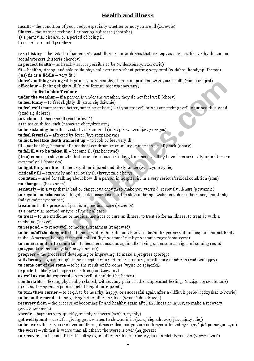 Health and illness worksheet