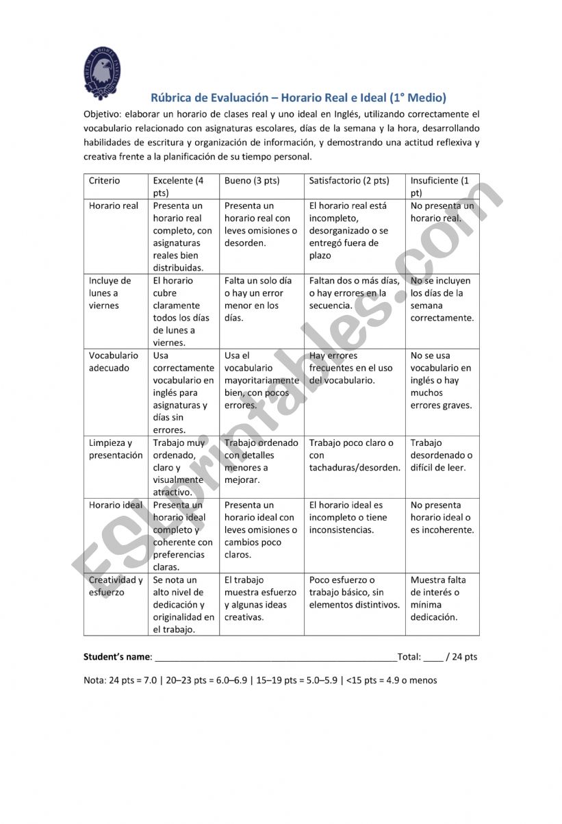 SCHOOL SUBJECTS SCHEDULE worksheet