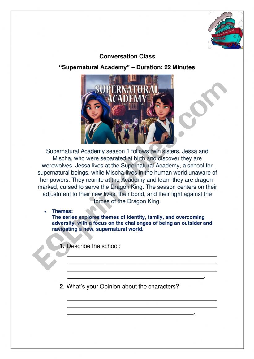 Supernatural Academy worksheet