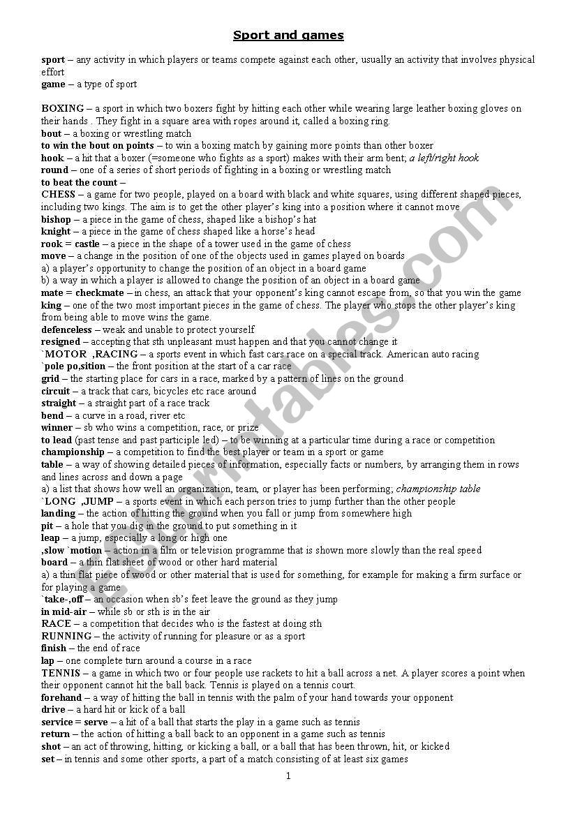 Sport and games worksheet