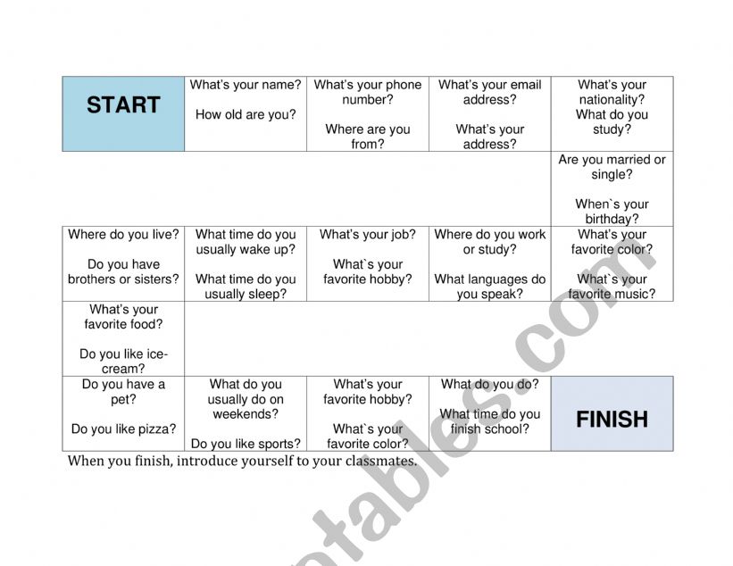 Personal Information Question Board Game (need dice) 