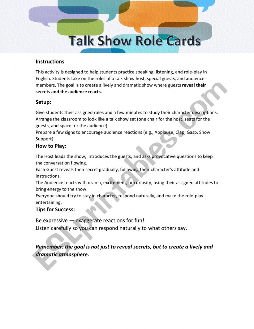 Talk Show Role Play (Revealing Secrets)