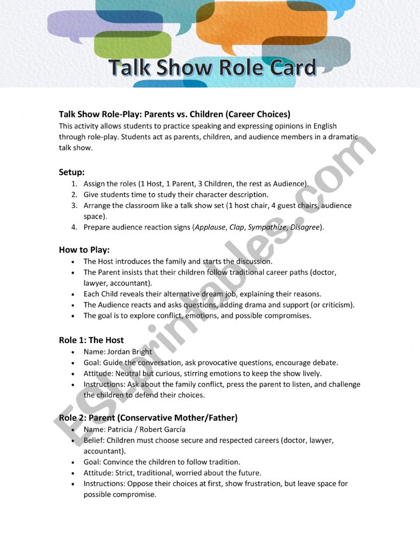 Talk Show Role-Play: Parents vs. Children (Career Choices)