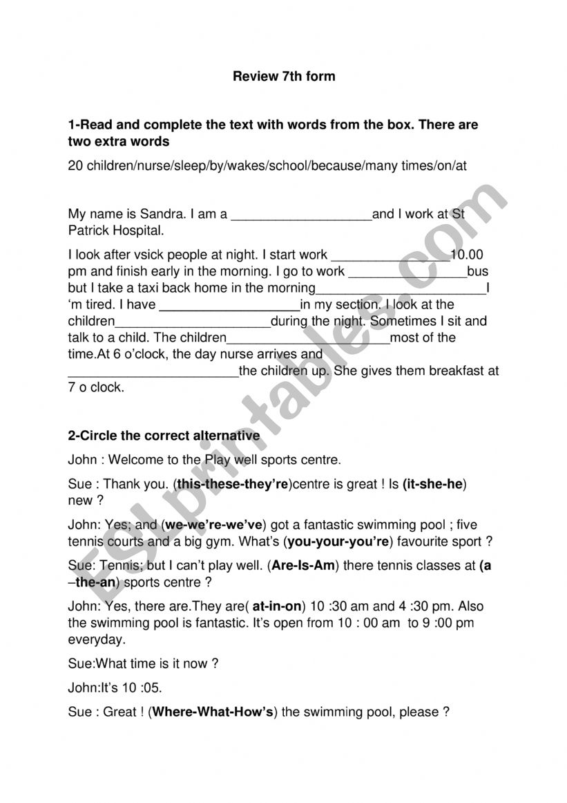7 th form Review worksheet