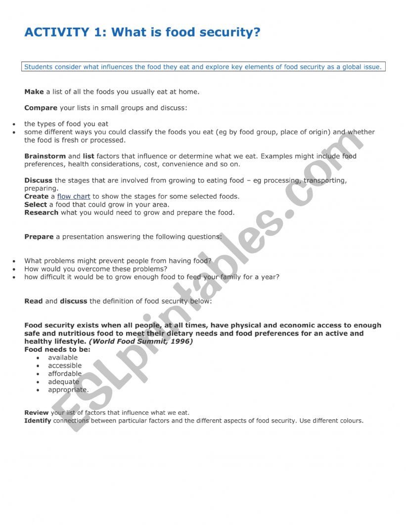 Food Production worksheet