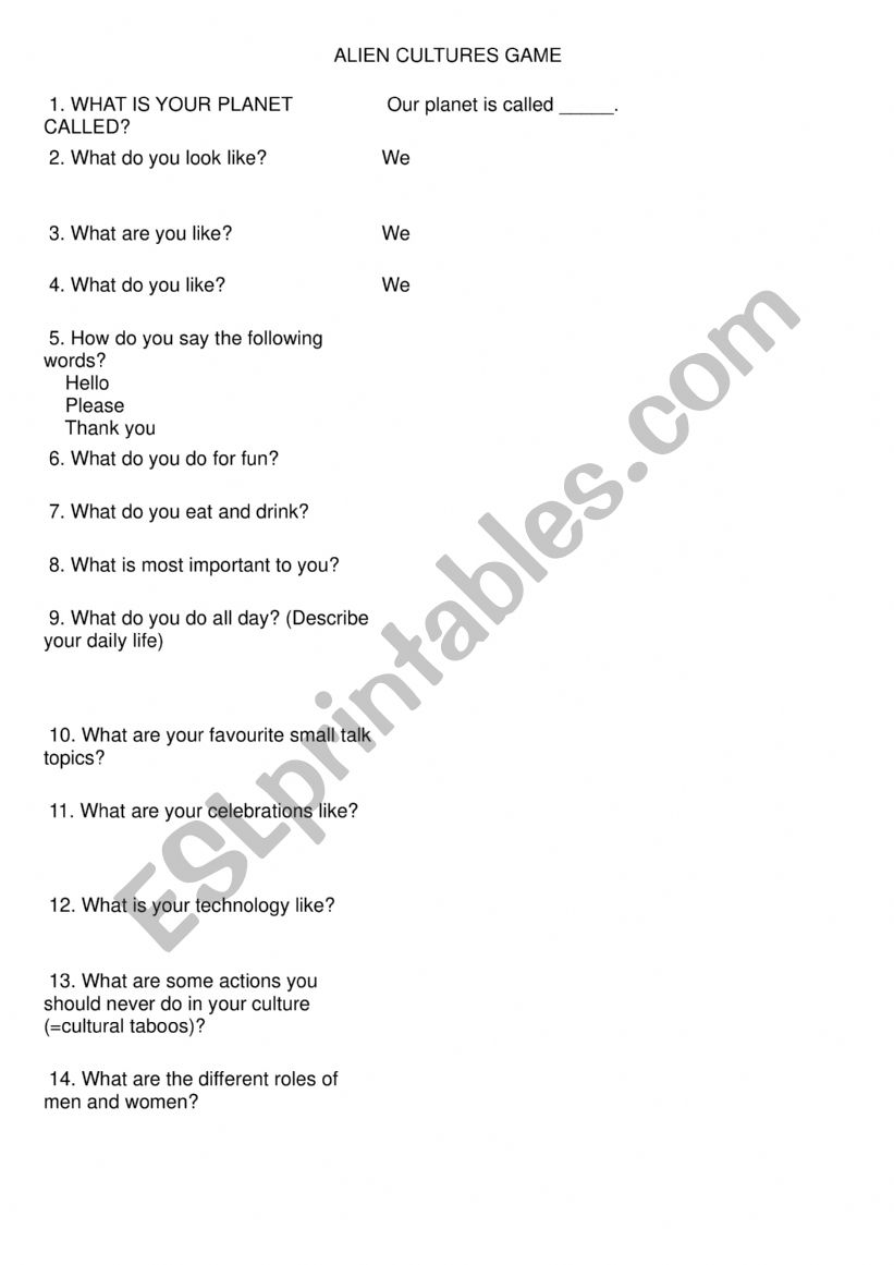 Alien Cultures Game worksheet