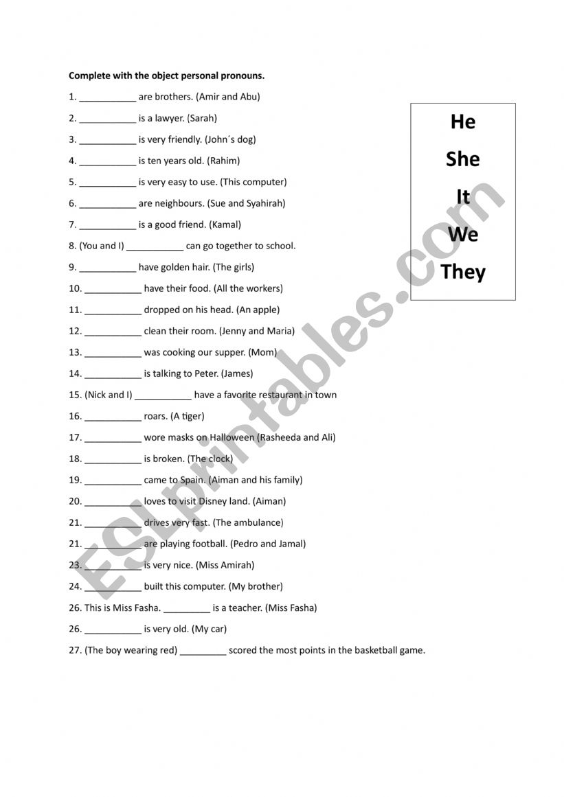 personal pronouns worksheet