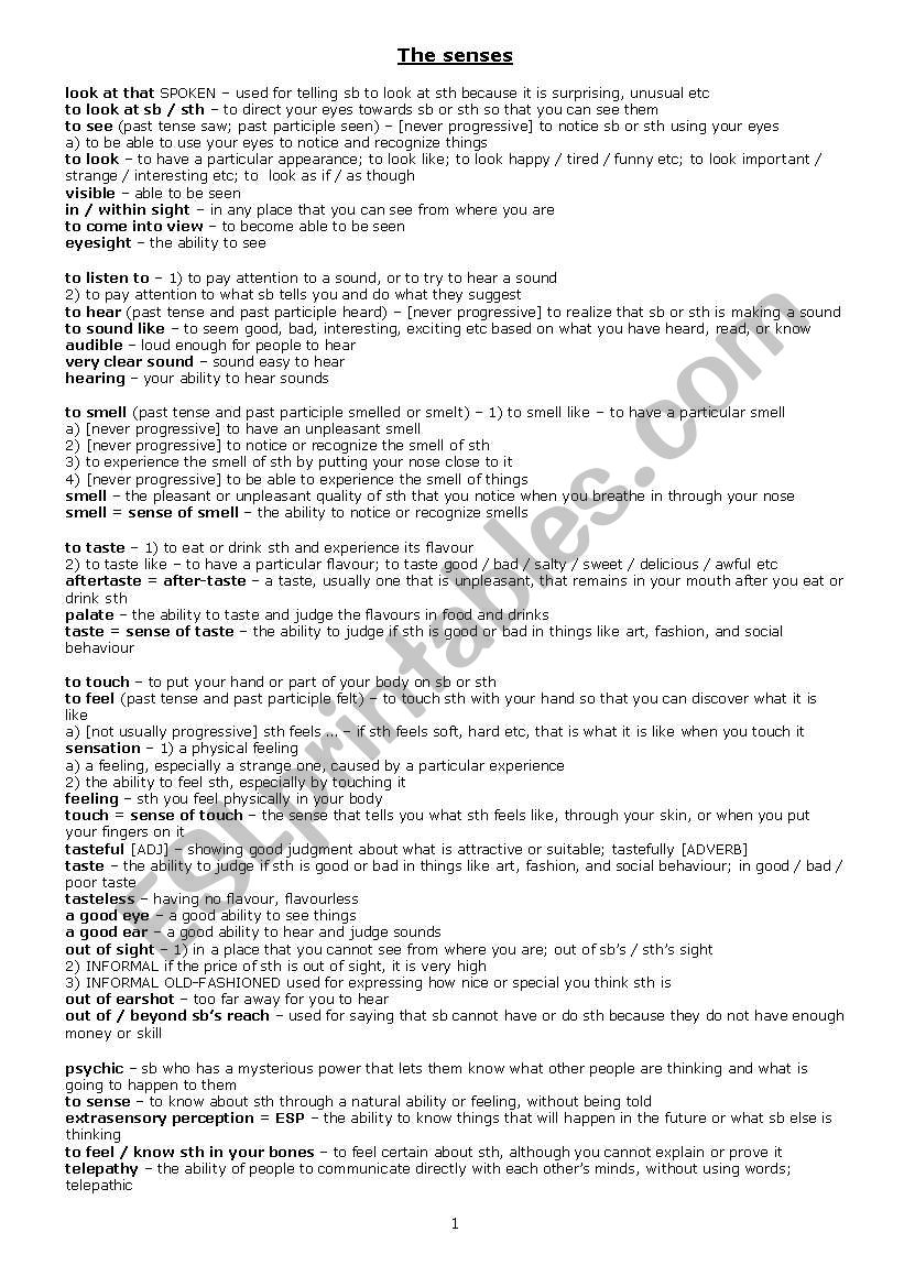 The senses worksheet