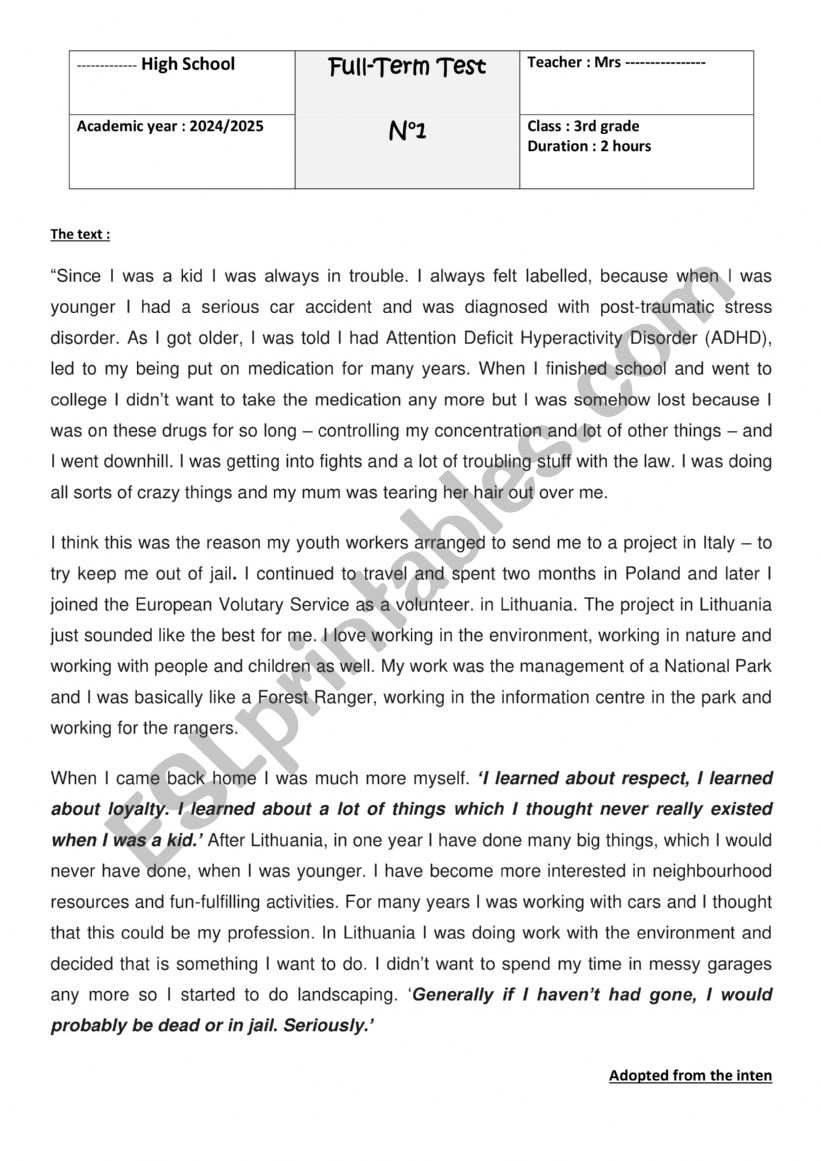 mid term test 1 3rd formers worksheet
