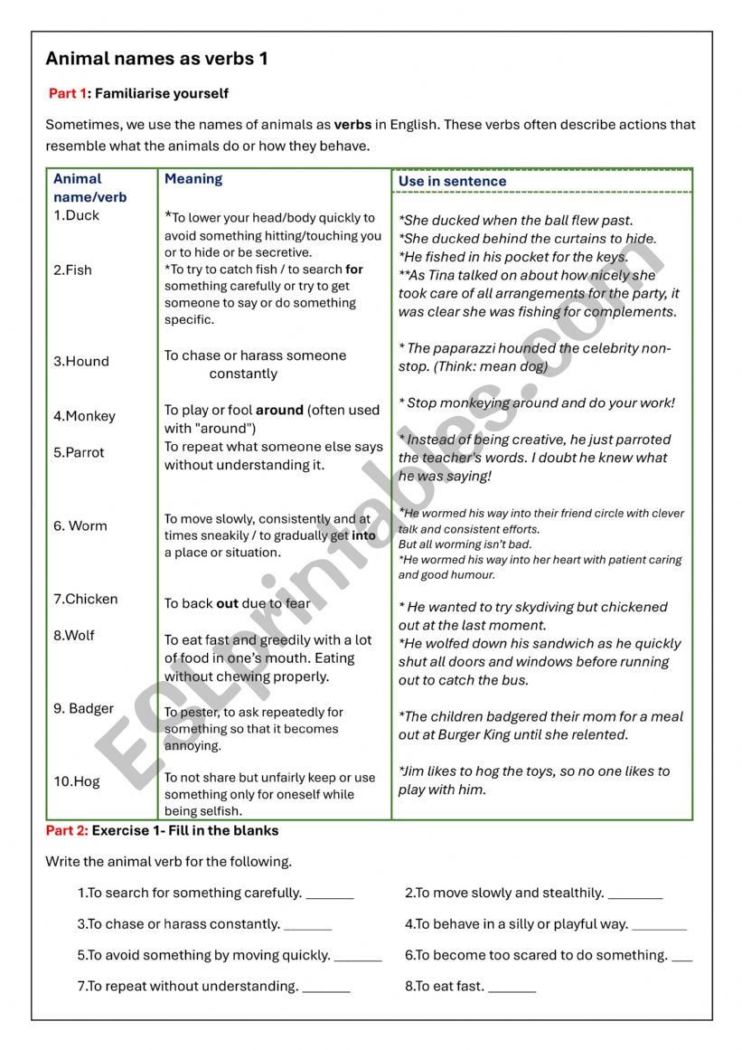 ANIMAL NAMES AS VERBS 1 worksheet ANIMAL NAMES AS VERBS 1 worksheet