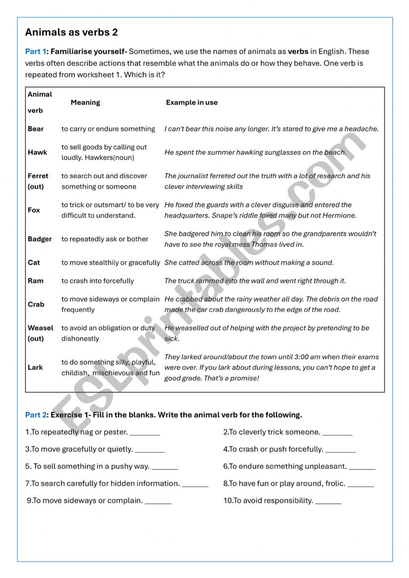 Animal names as verbs 2 worksheet Animal names as verbs 2 worksheet