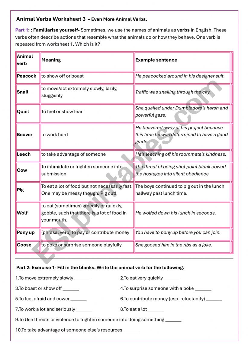 ANIMAL NAMES AS VERBS 3 worksheet ANIMAL NAMES AS VERBS 3 worksheet