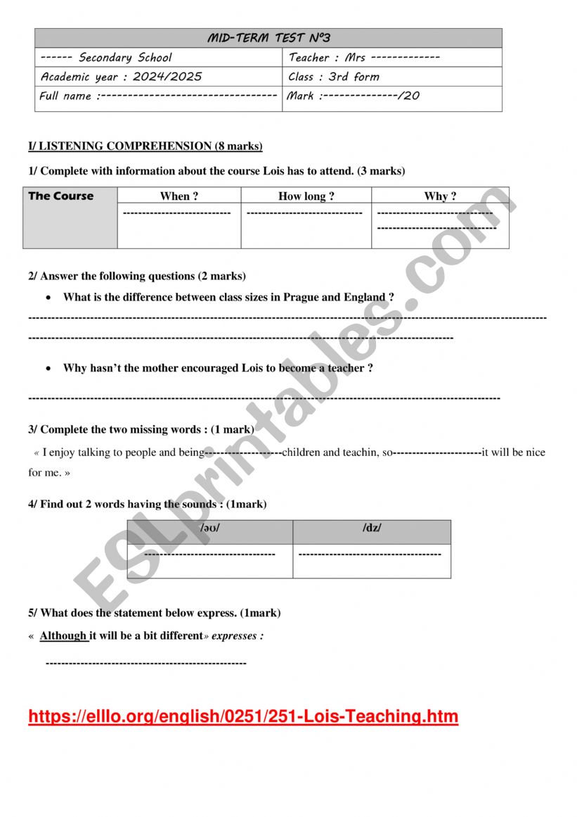 mid term testv 3 (3rd form) worksheet
