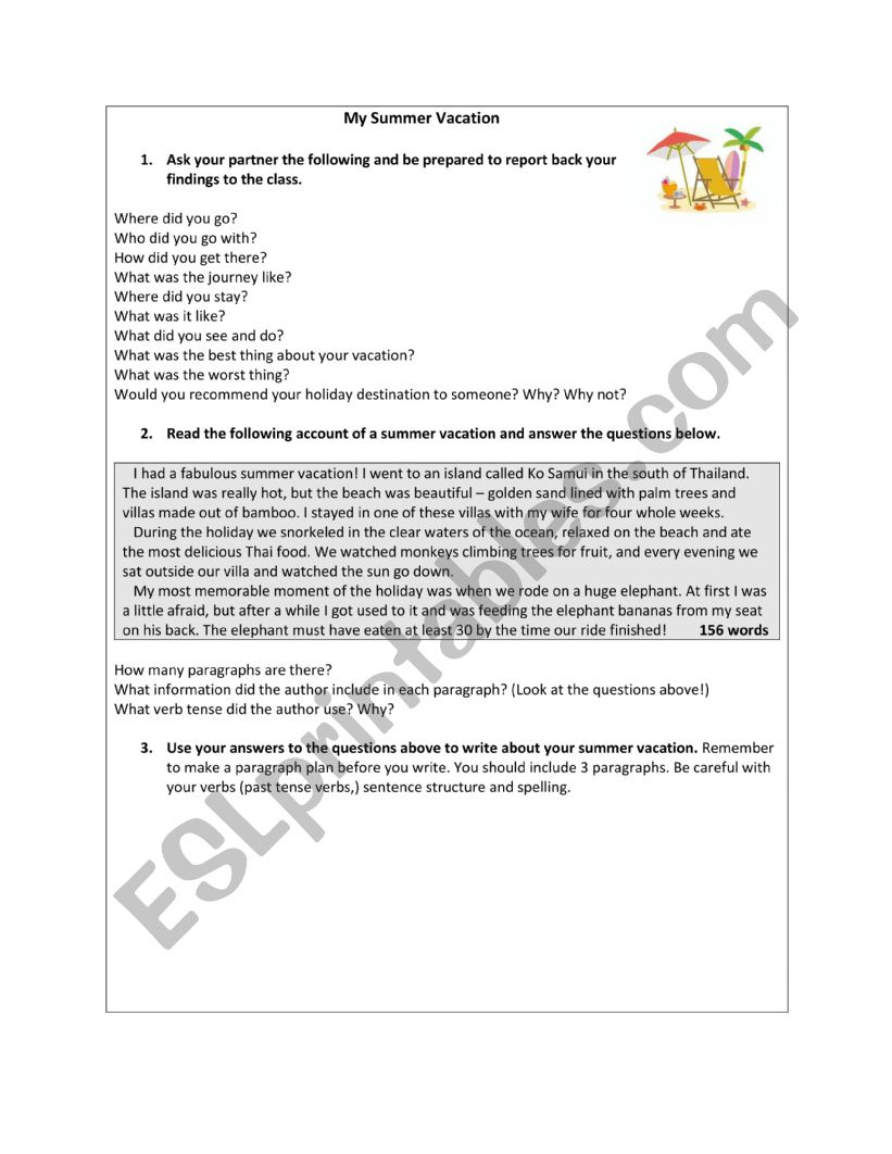 Summer Vacation worksheet