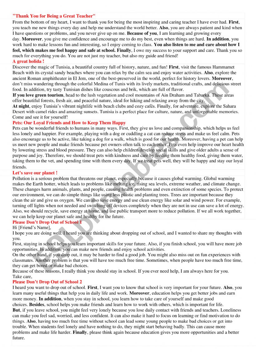 1st form paragraphs 3rd term worksheet