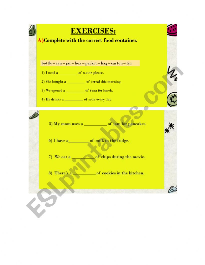 Food containers worksheet