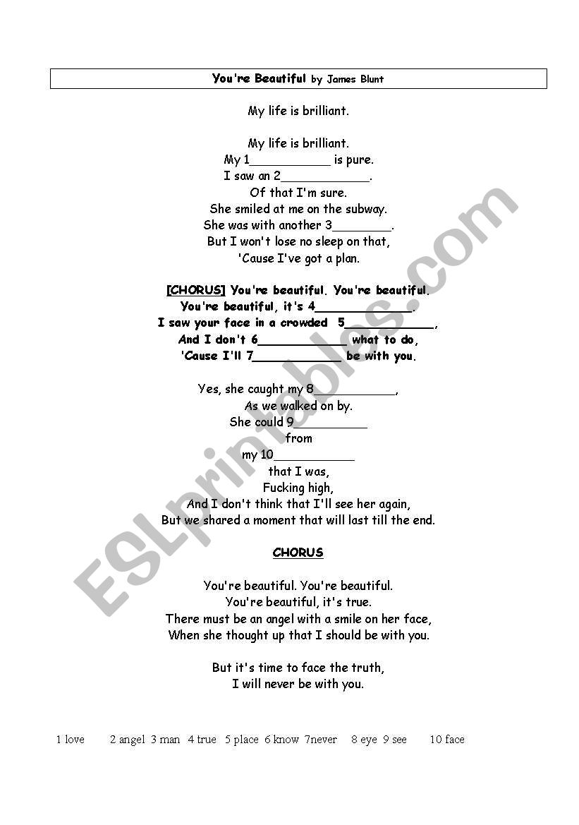 SOng You are beautiful worksheet