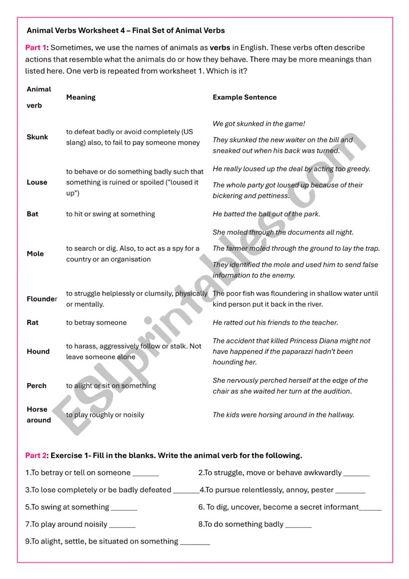 Animal names as verbs 4 worksheet Animal names as verbs 4 worksheet