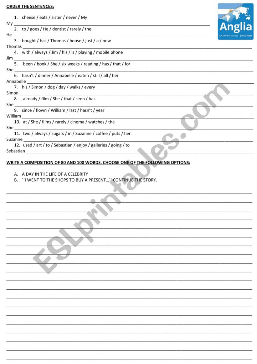 ORDER THE SENTENCES worksheet