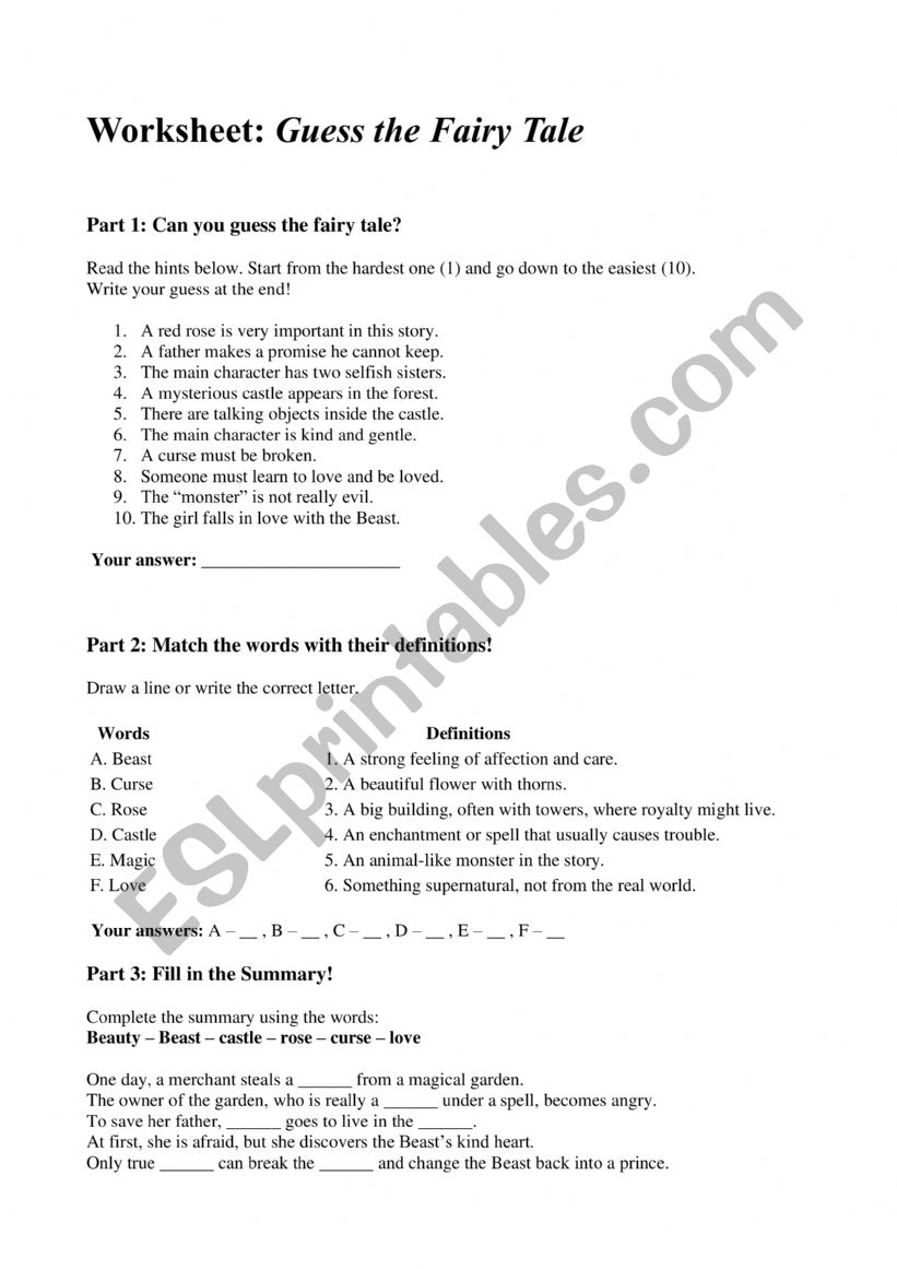 Beauty and the Beast worksheet