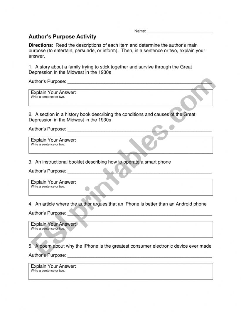 Author�s Purpose worksheet