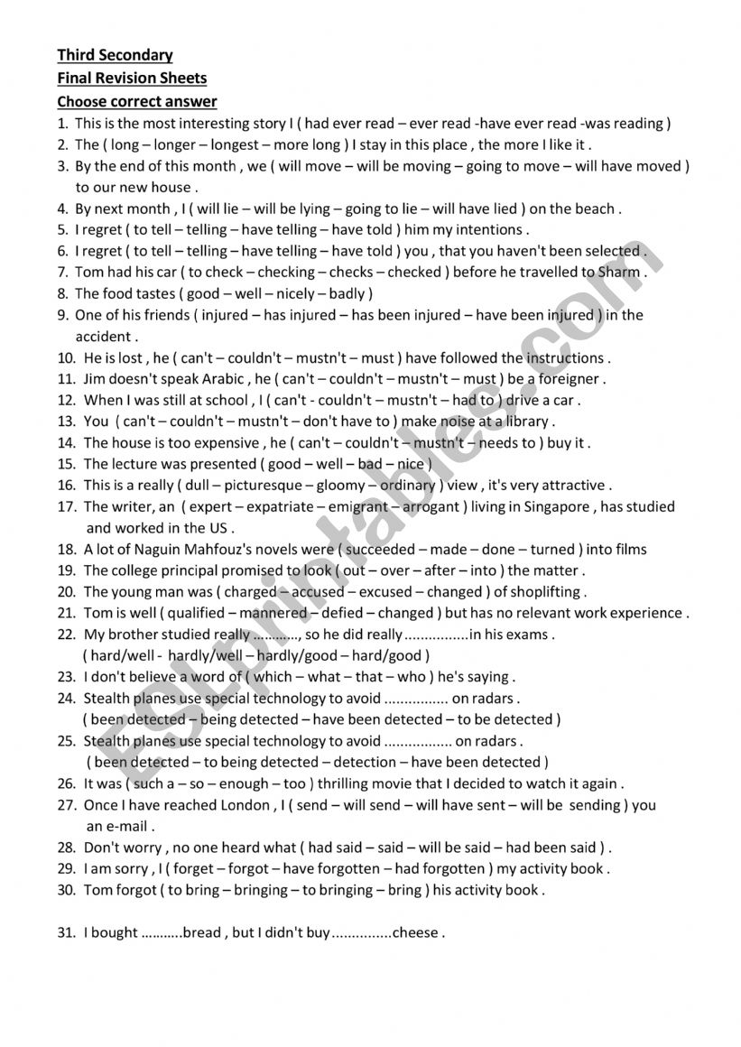 Multiple Choice Exercise on various grammar 