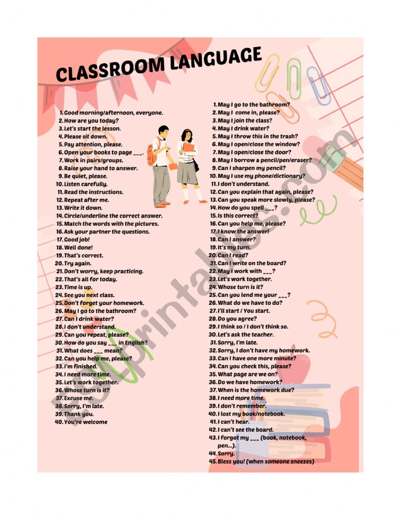 Classroom language worksheet