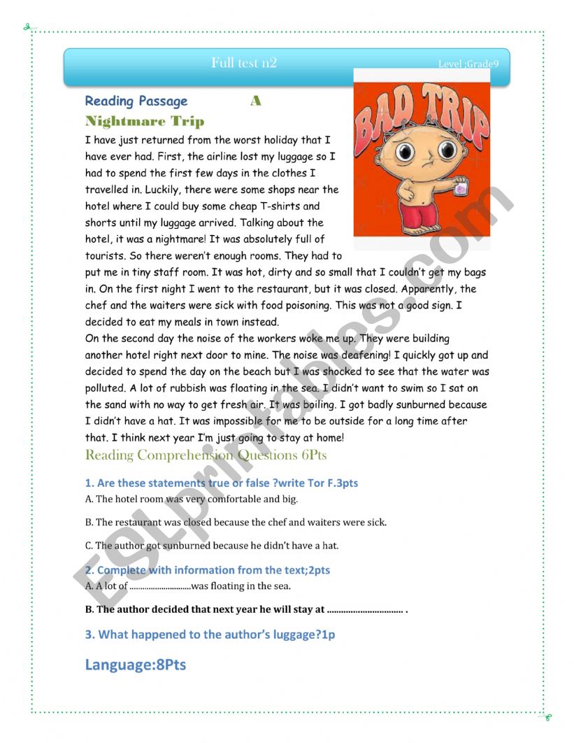 Full text test  n2 grade 9;a nightmare trip