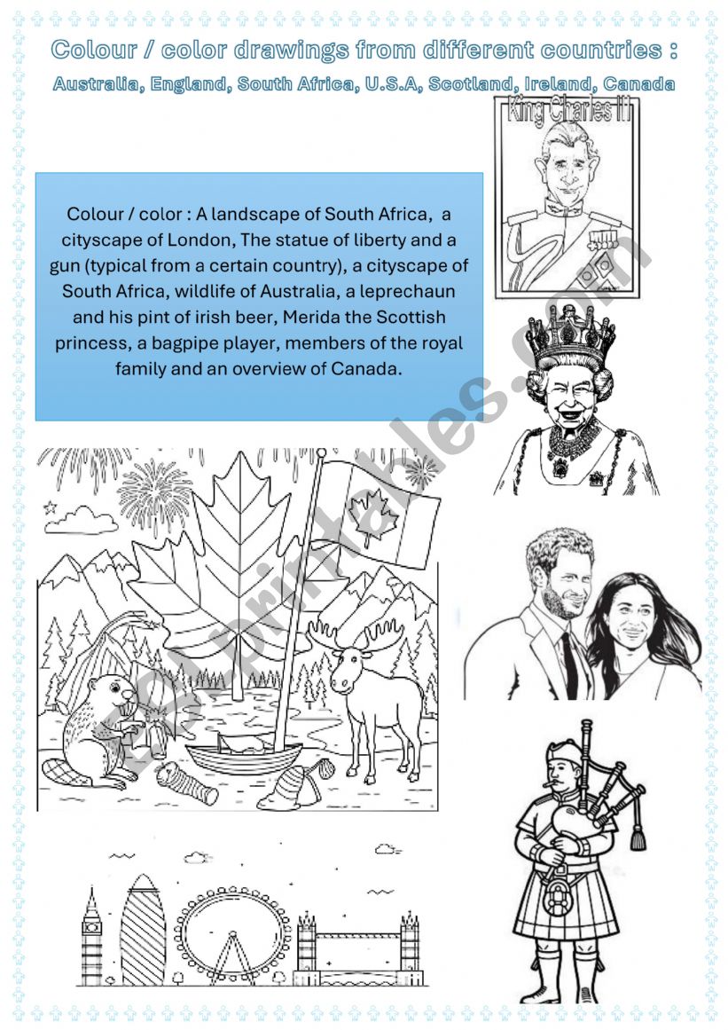 Front page of English notebook. 2 pages. Colour - color the images from English speaking countries