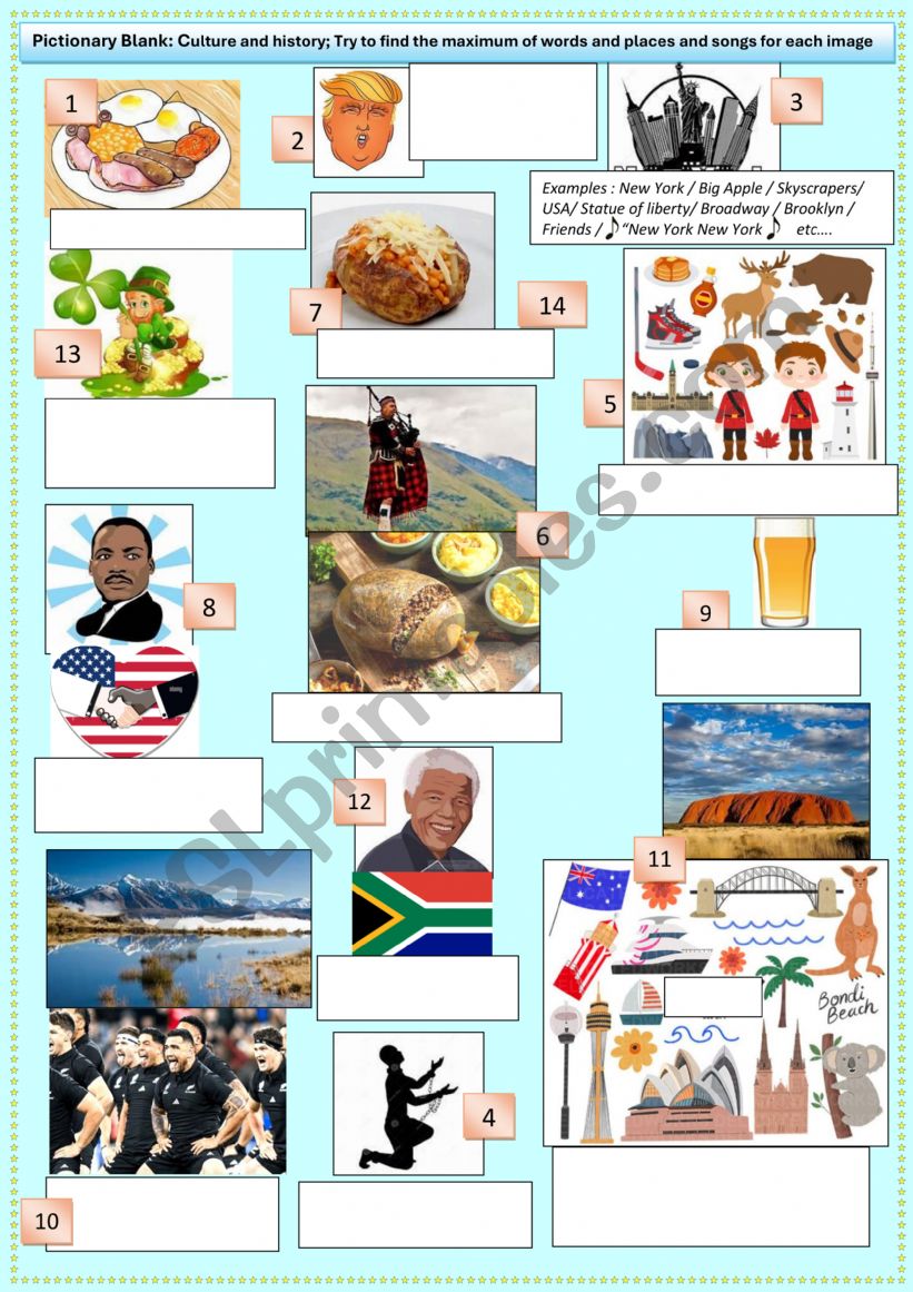 Front page: culture about english speaking coutries. find as many words as possible. Discussion.