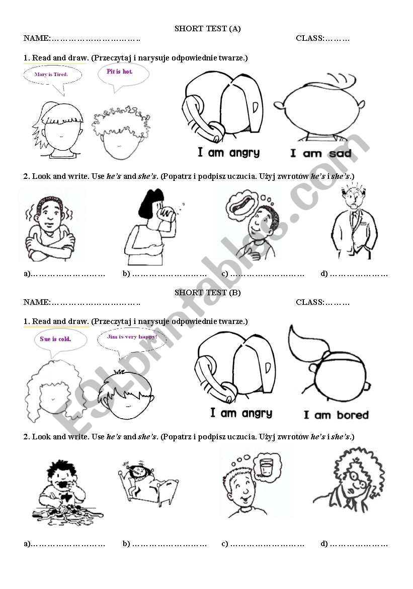 Short test-feelings worksheet