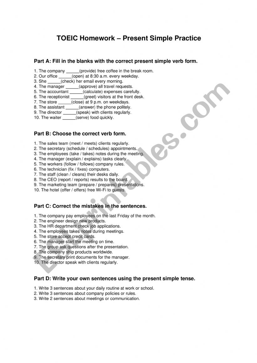 TOEIC - Present simple practice