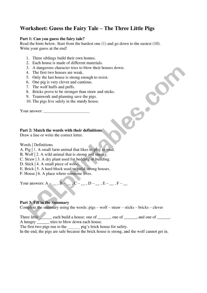 The Three Little Pigs worksheet