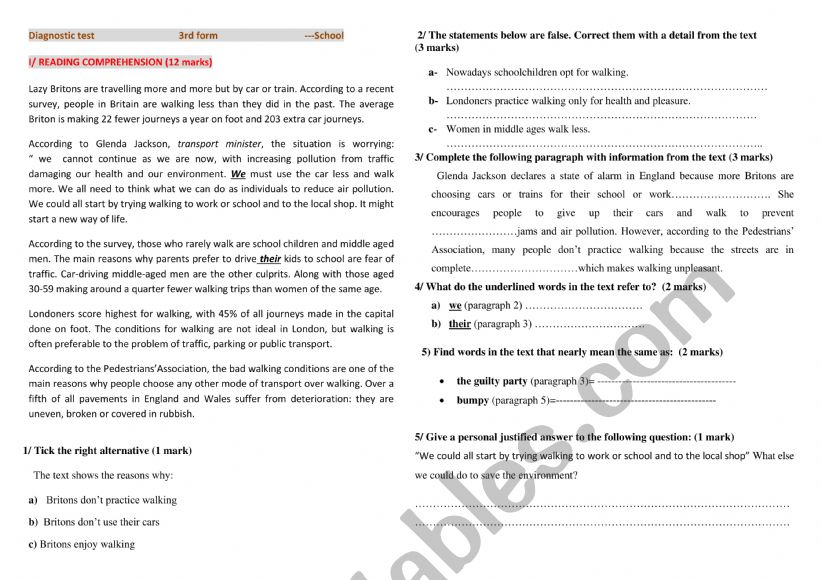 dagnostic test worksheet