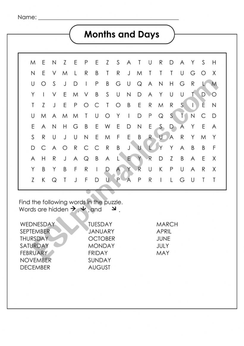 Months and dyas of the week worksheet