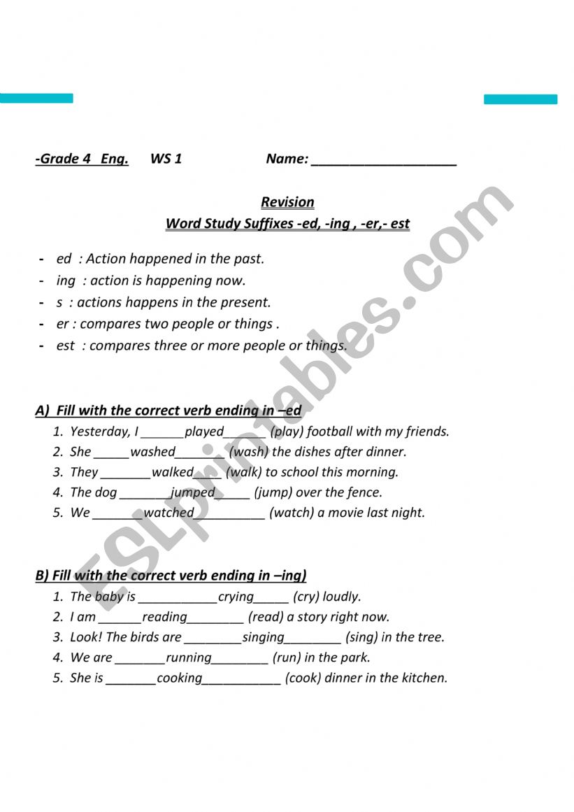 Suffixes , endings ed, ing , s 