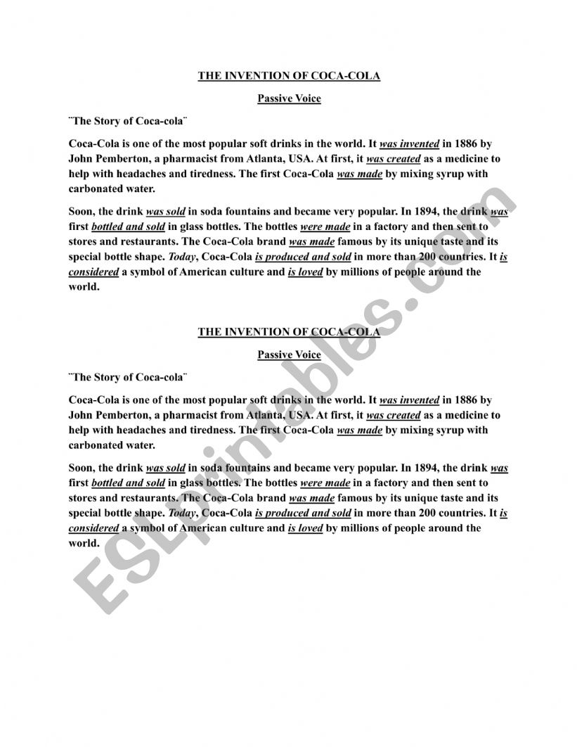 Invention of Coca Cola worksheet