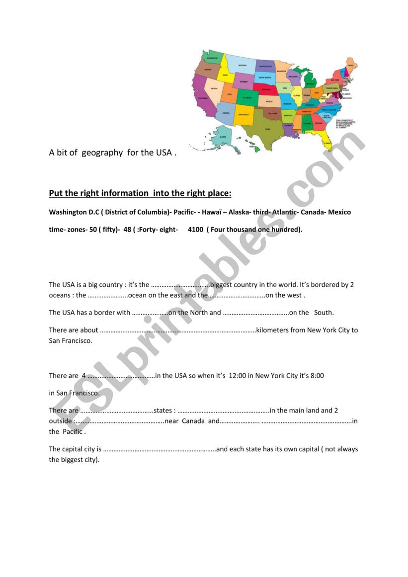 introduction to US geography worksheet