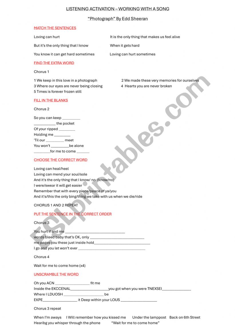LISTENING ACTIVATION worksheet